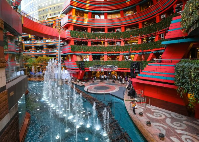 The fountains at Canal City, a vibrant, red shopping mall in Fukuoka.